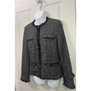 Weekend Max Mara Tweed Jacket Blazer Fray Trim Black Gold Metallic Women's 8
